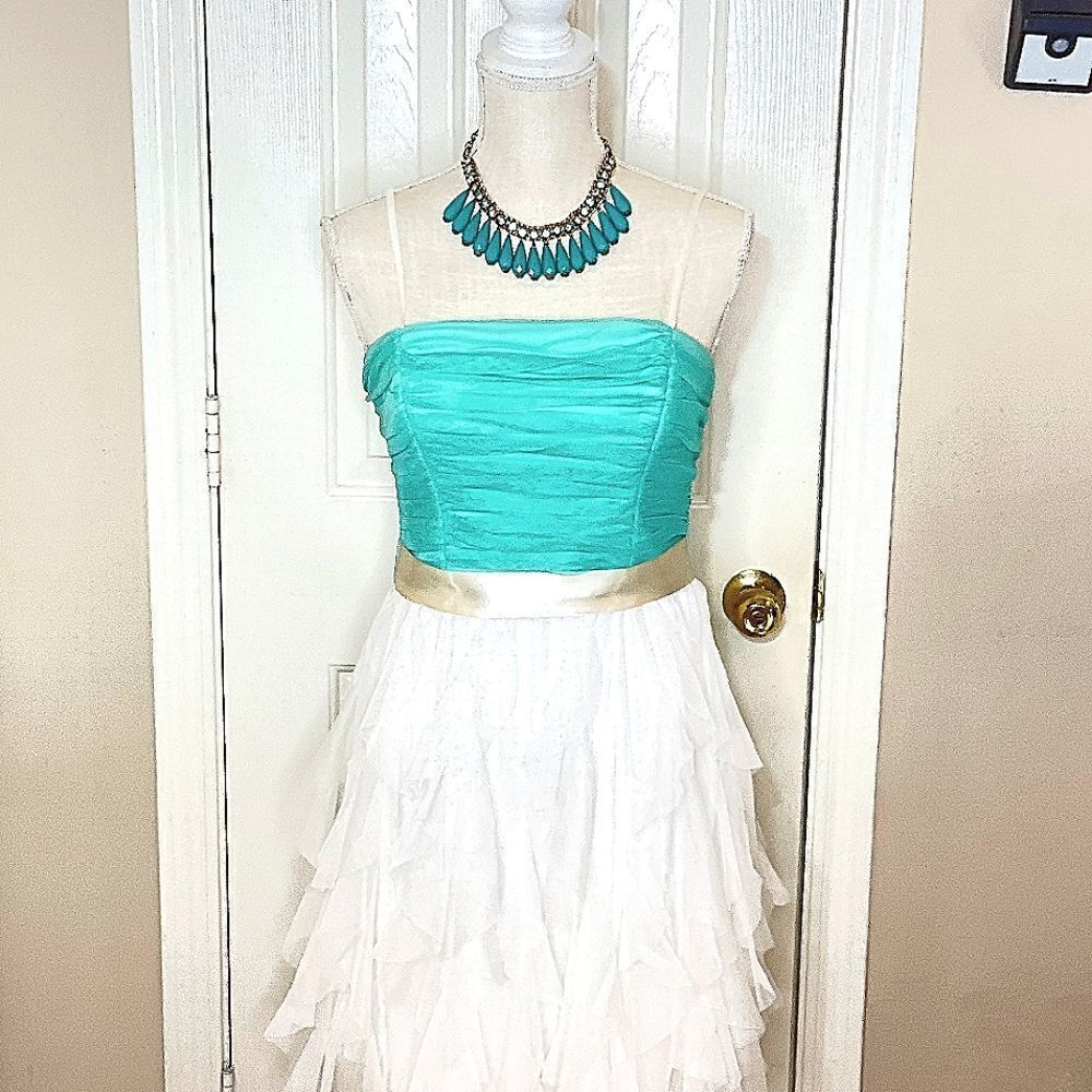 NWOT i.m. Dress Junior's Size 9 Teal White Spaghetti Strap Short Ruched Dress